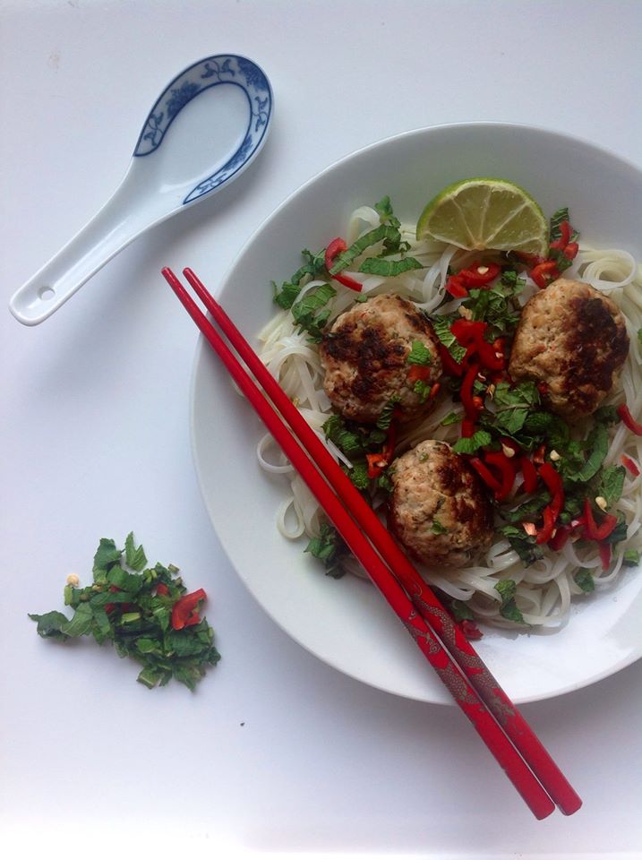 Turkey Meatballs with an Asian Spiced Broth and Rice Noodles
