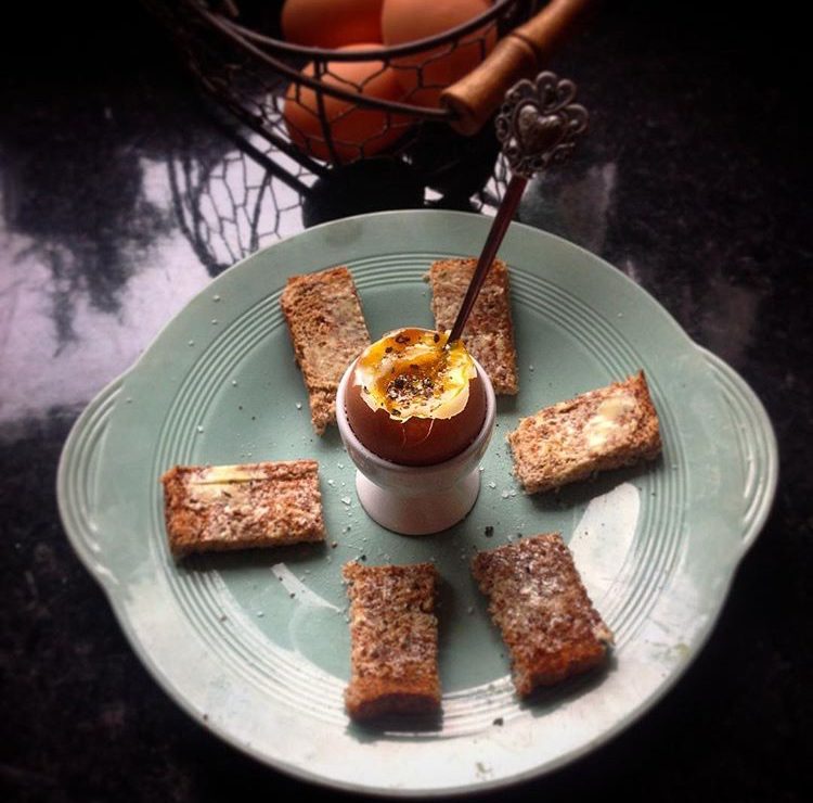 Drippy boiled eggs with wholemeal soldiers.